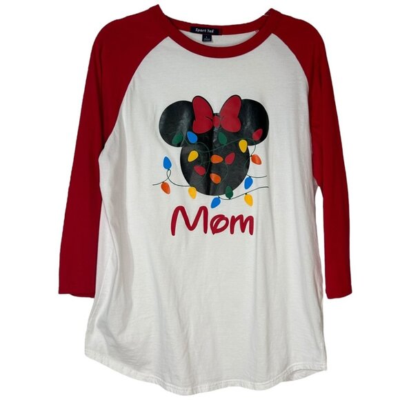 Sport-Tek Tops - Sport-Tek Minnie Mouse Christmas Lights Mom Red & White Raglan T-Shirt - Size La